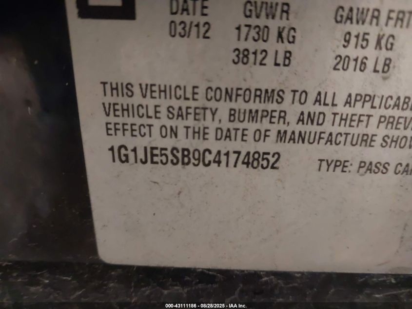 2012 Chevrolet Sonic 2Lz VIN: 1G1JE5SB9C4174852 Lot: 43111186