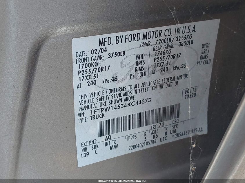 2004 Ford F-150 Fx4/Lariat/Xlt VIN: 1FTPW14534KC44373 Lot: 43111255