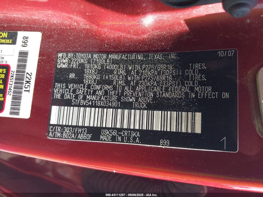 2008 Toyota Tundra Double Cab/Double Cab Sr5 VIN: 5TFBV54118X034901 Lot: 43111257