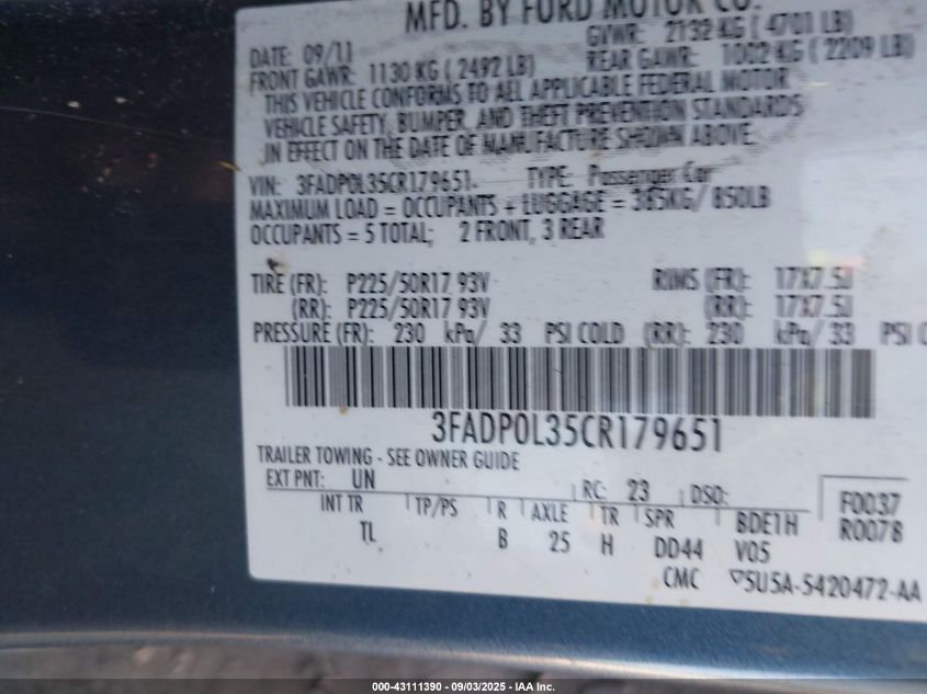 2012 Ford Fusion Hybrid VIN: 3FADP0L35CR179651 Lot: 43111390