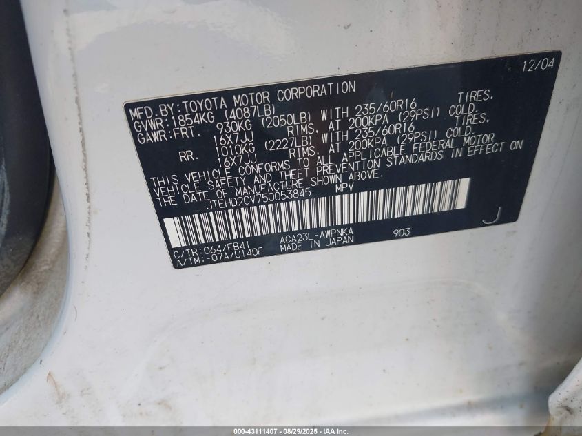 2005 Toyota Rav4 VIN: JTEHD20V750053845 Lot: 43111407