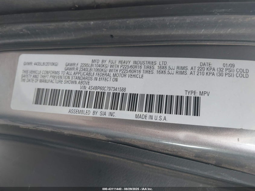 2009 Subaru Outback 2.5I VIN: 4S4BP60C797341588 Lot: 43111440