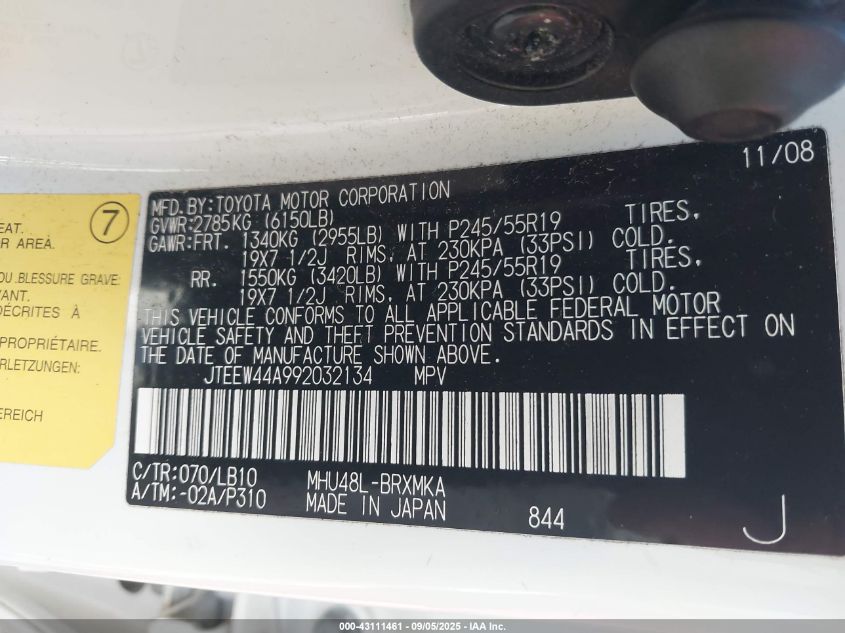 2009 Toyota Highlander Hybrid Limited VIN: JTEEW44A992032134 Lot: 43111461