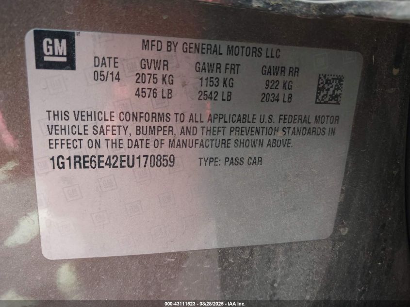 2014 Chevrolet Volt VIN: 1G1RE6E42EU170859 Lot: 43111523