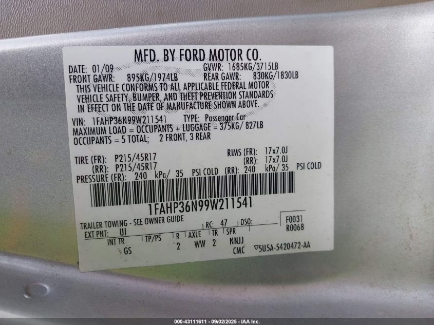 2009 Ford Focus Ses VIN: 1FAHP36N99W211541 Lot: 43111611