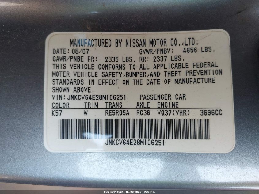 2008 Infiniti G37 Journey VIN: JNKCV64E28M106251 Lot: 43111631
