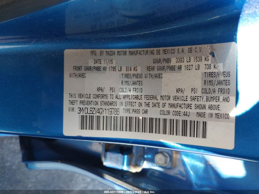 2016 Scion Ia VIN: 3MYDLBZV4GY119786 Lot: 43111806