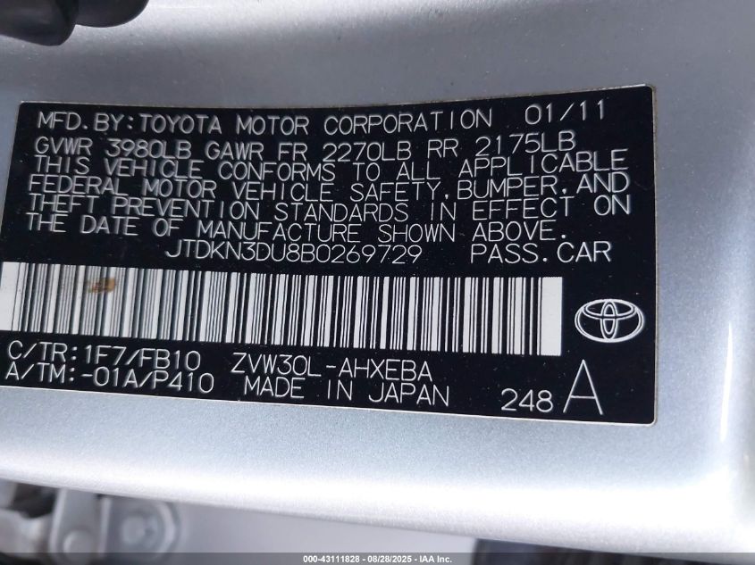 2011 Toyota Prius Two VIN: JTDKN3DU8B0269729 Lot: 43111828