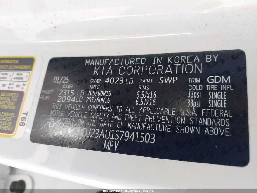 2025 Kia Soul Lx VIN: KNDJ23AU1S7941503 Lot: 43111911