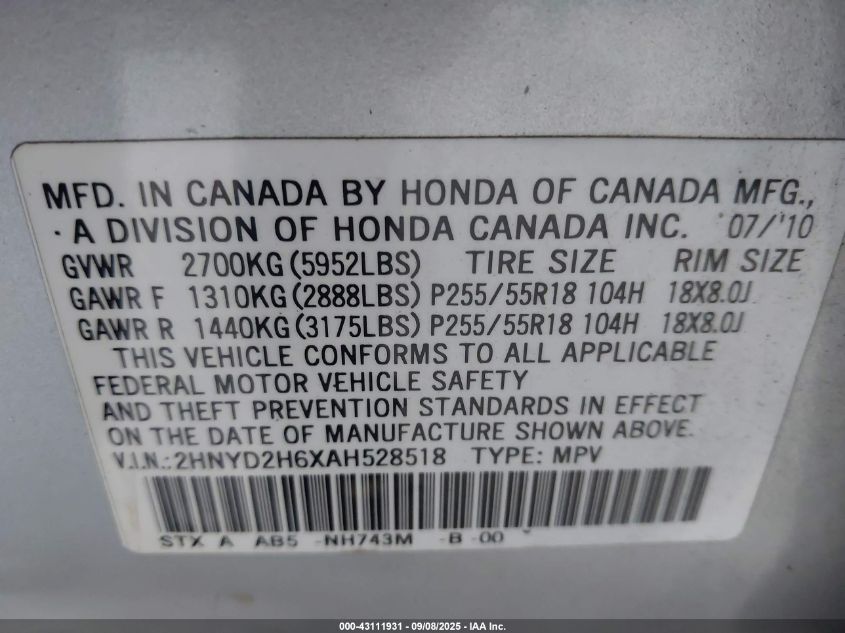 2010 Acura Mdx Technology Package VIN: 2HNYD2H6XAH528518 Lot: 43111931