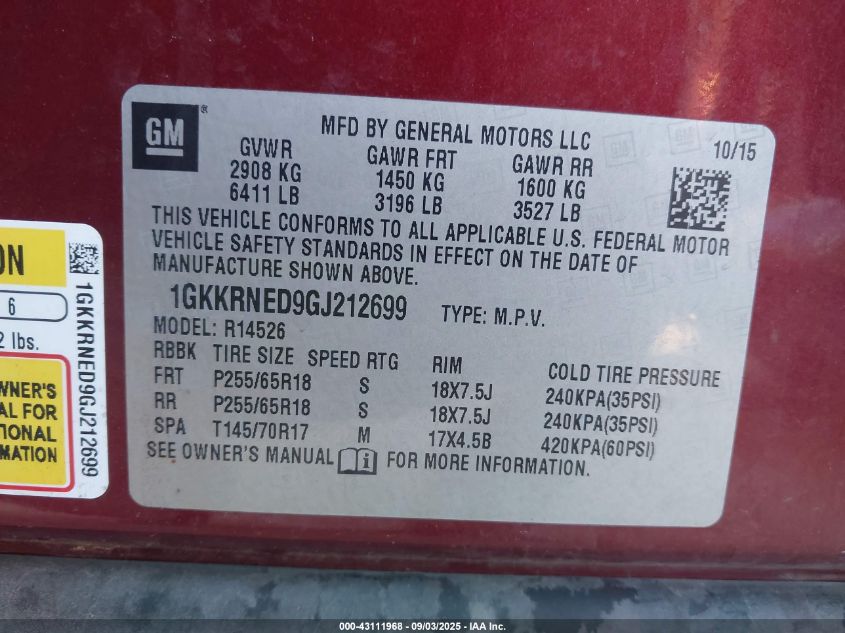 2016 GMC Acadia Sle-1 VIN: 1GKKRNED9GJ212699 Lot: 43111968