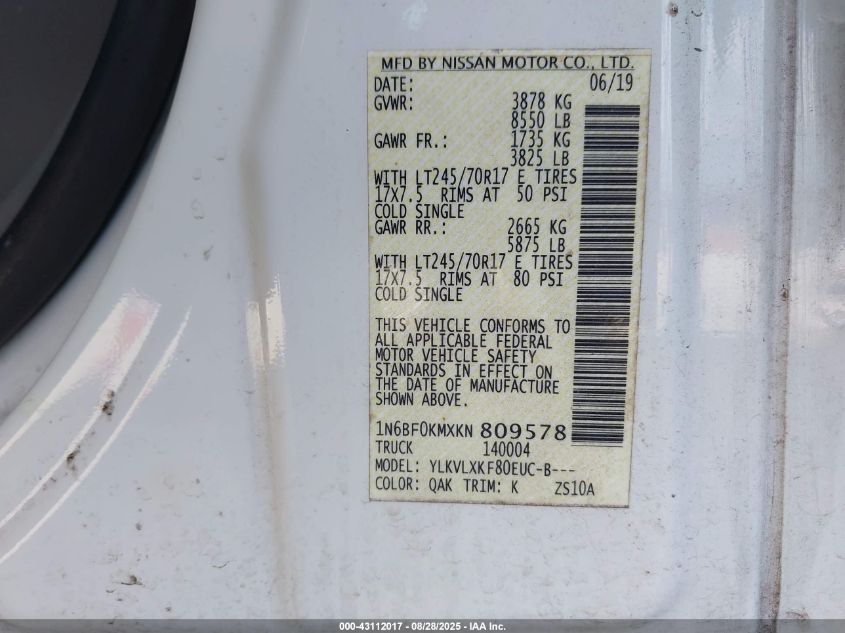 2019 NISSAN NV CARGO NV1500 SV V6 - 1N6BF0KMXKN809578