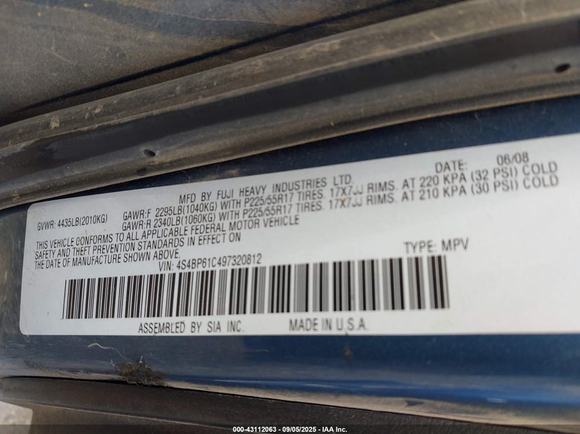 2009 Subaru Outback 2.5I VIN: 4S4BP61C497320812 Lot: 43112063