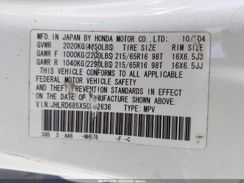 2005 Honda Cr-V Lx VIN: JHLRD685X5C002636 Lot: 43112102