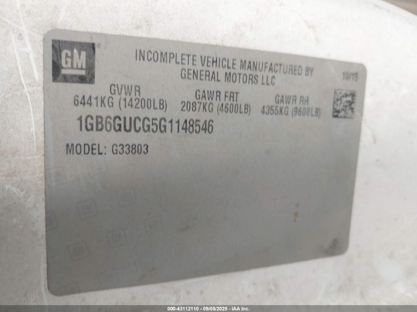 2016 Chevrolet Express Cutaway 4500 VIN: 1GB6GUCG5G1148546 Lot: 43112110