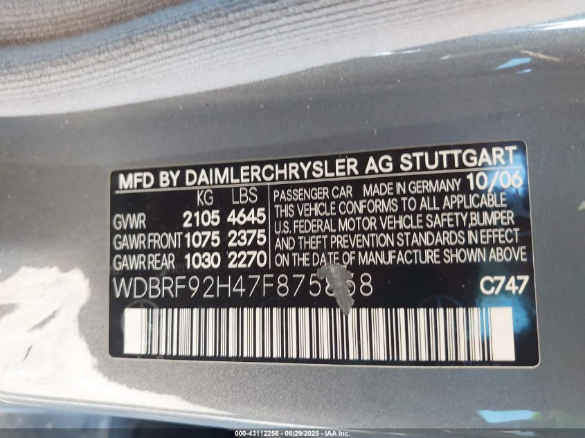 2007 Mercedes-Benz C 280 Luxury 4Matic VIN: WDBRF92H47F875858 Lot: 43112256