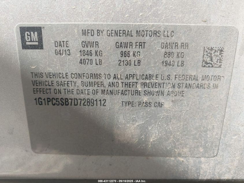 2013 Chevrolet Cruze 1Lt Auto VIN: 1G1PC5SB7D7289112 Lot: 43112270