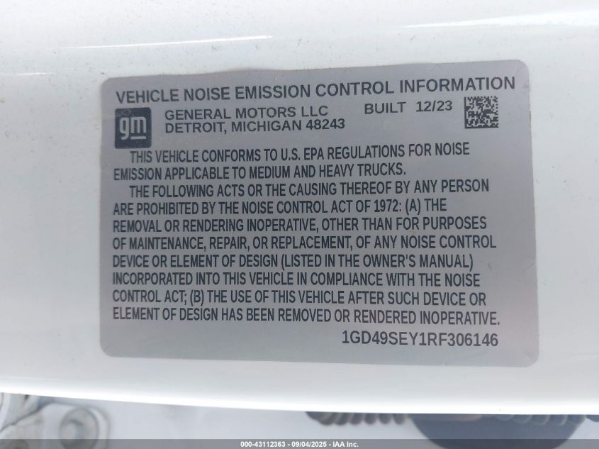2024 GMC Sierra 3500Hd Chassis Pro VIN: 1GD49SEY1RF306146 Lot: 43112363
