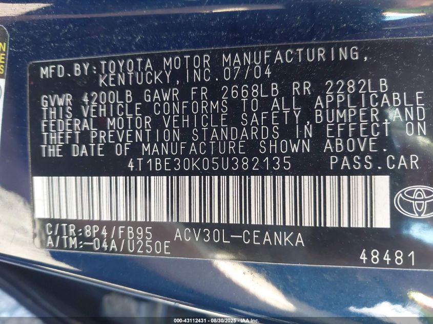 2005 Toyota Camry Le VIN: 4T1BE30K05U382135 Lot: 43112431