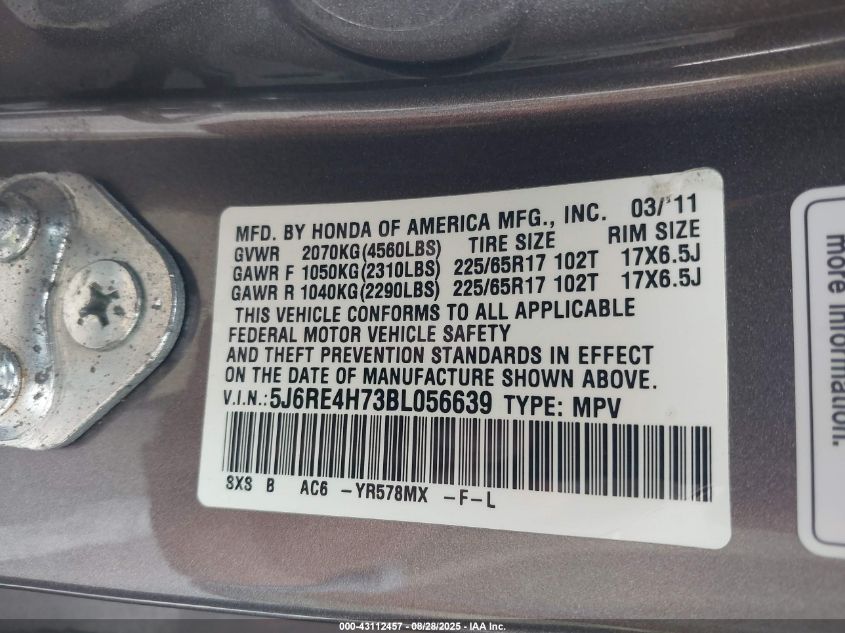 2011 Honda Cr-V Ex-L VIN: 5J6RE4H73BL056639 Lot: 43112457