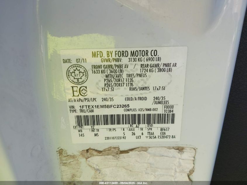 2011 Ford F-150 Xlt VIN: 1FTEX1EM5BFC23265 Lot: 43112459