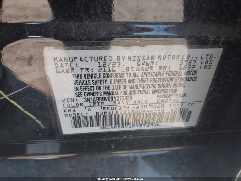 2024 Nissan Sentra S Xtronic Cvt VIN: 3N1AB8BV0RY273936 Lot: 43112473