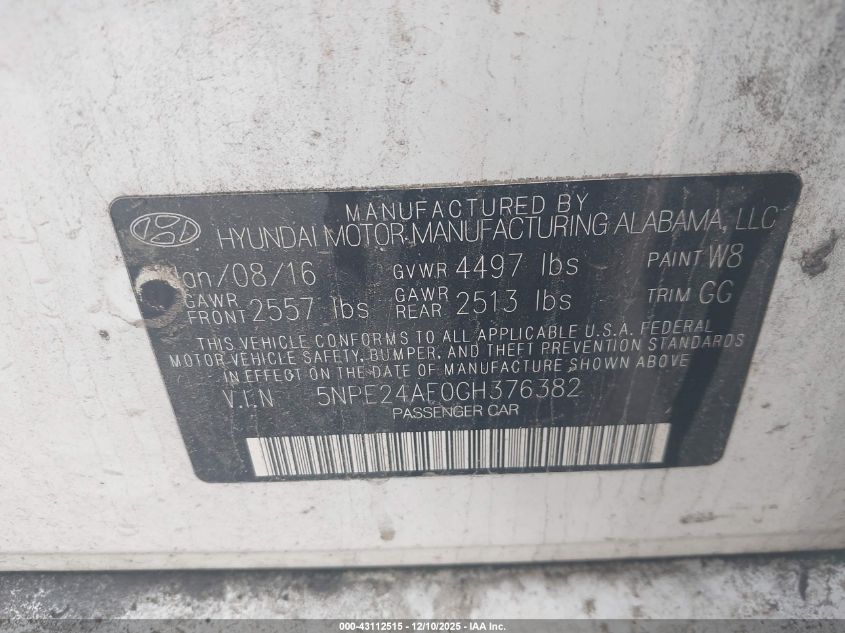 2016 Hyundai Sonata Se VIN: 5NPE24AF0GH376382 Lot: 43112515