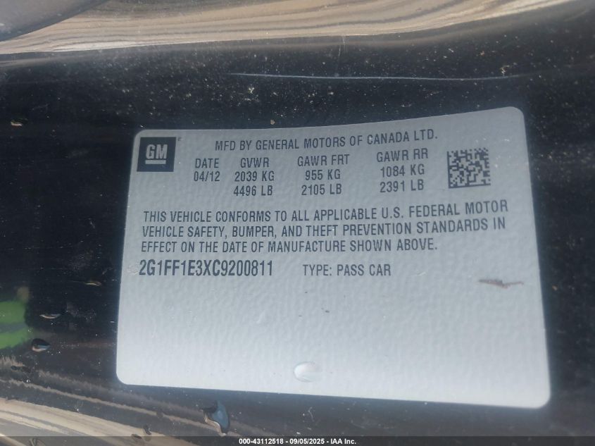 2012 Chevrolet Camaro 1Lt VIN: 2G1FF1E3XC9200811 Lot: 43112518