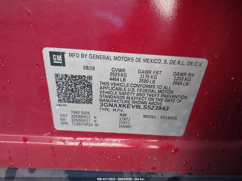 2020 Chevrolet Equinox Lt VIN: 3GNAXKEV9LS523943 Lot: 43112523