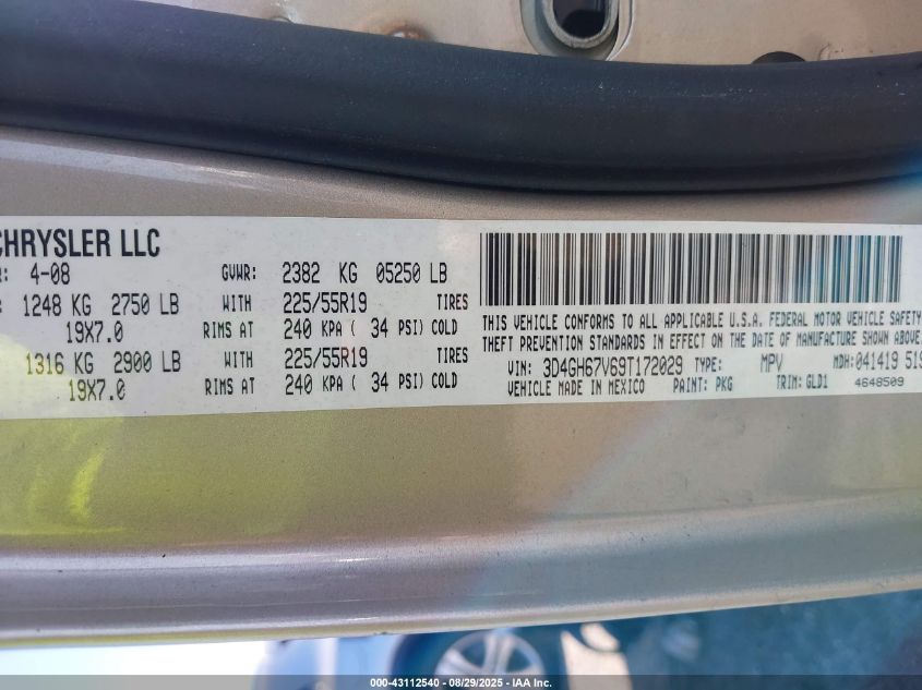 2009 Dodge Journey R/T VIN: 3D4GH67V69T172029 Lot: 43112540