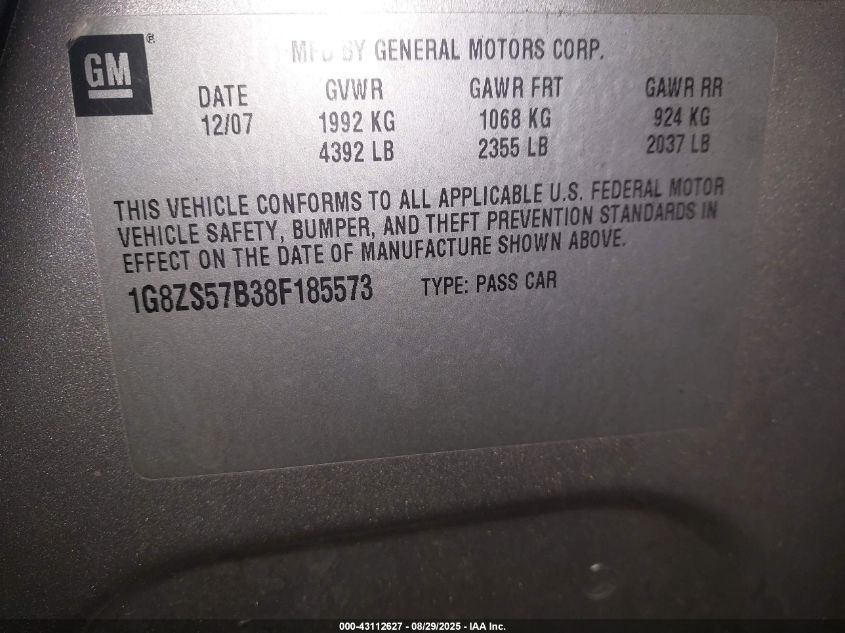 2008 Saturn Aura Xe VIN: 1G8ZS57B38F185573 Lot: 43112627