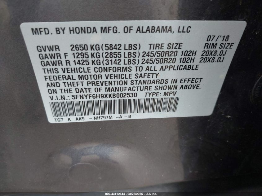 2019 Honda Pilot Touring VIN: 5FNYF6H9XKB002530 Lot: 43112644
