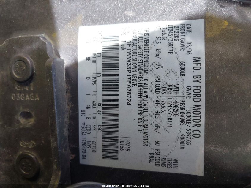 2007 Ford F-350 Lariat/Xl/Xlt VIN: 1FTWW33P17EA78724 Lot: 43112669