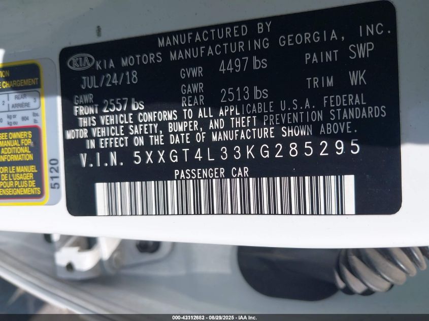 2019 Kia Optima Lx VIN: 5XXGT4L33KG285295 Lot: 43112682