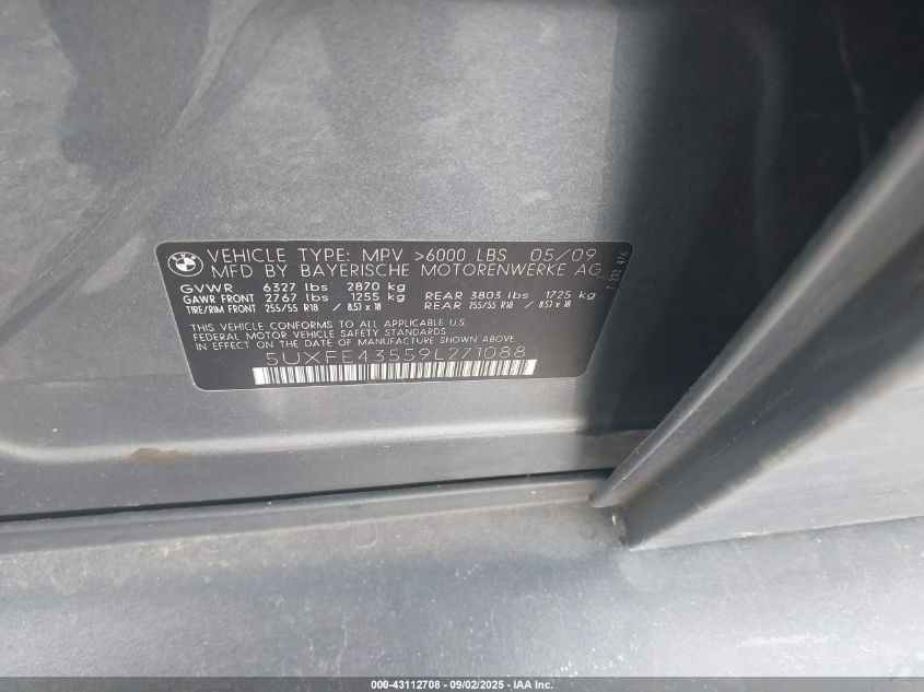 2009 BMW X5 xDrive30I VIN: 5UXFE43559L271088 Lot: 43112708