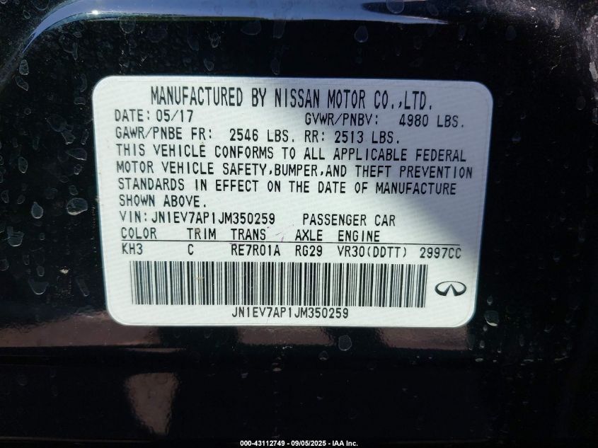 2018 Infiniti Q50 3.0T Luxe VIN: JN1EV7AP1JM350259 Lot: 43112749