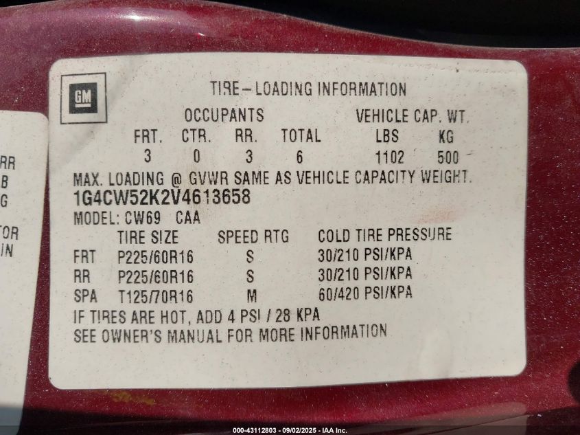 1997 Buick Park Avenue VIN: 1G4CW52K2V4613658 Lot: 43112803