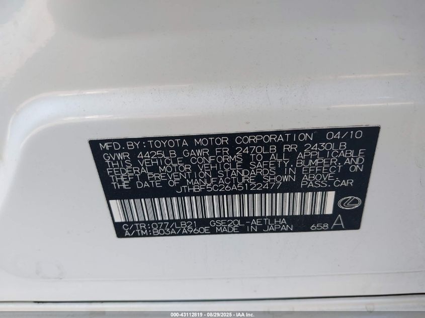 2010 Lexus Is 250 VIN: JTHBF5C26A5122477 Lot: 43112819