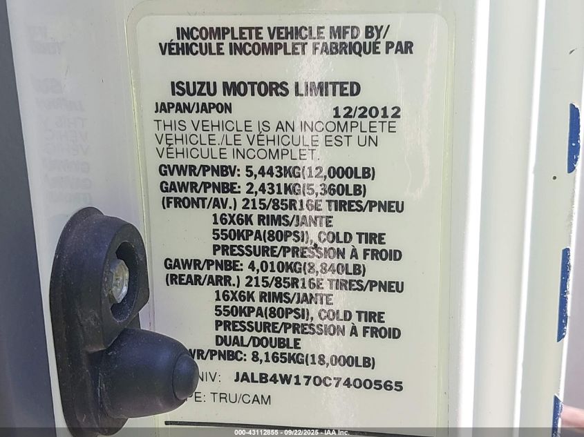 2012 Isuzu Npr Dsl Reg At Eco-Max VIN: JALB4W170C7400565 Lot: 43112855