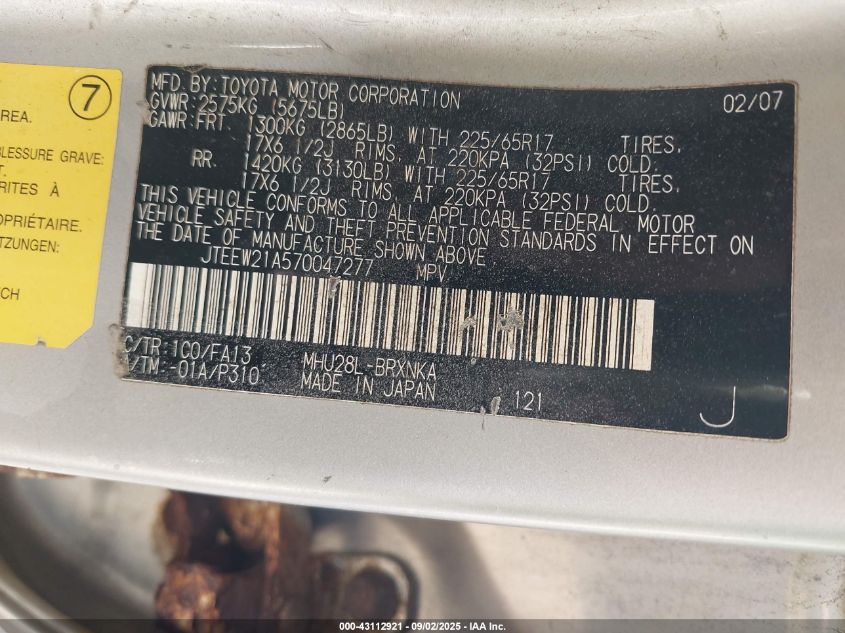 2007 Toyota Highlander Hybrid VIN: JTEEW21A570047277 Lot: 43112921