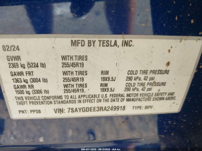 2024 Tesla Model Y Long Range Dual Motor All-Wheel Drive VIN: 7SAYGDEE3RA249918 Lot: 43112935