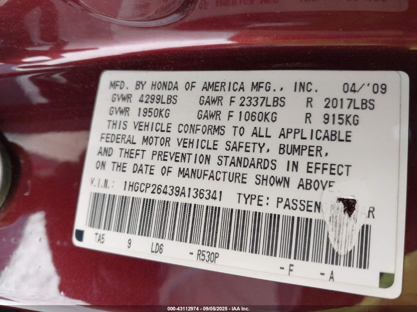 2009 Honda Accord 2.4 Lx-P VIN: 1HGCP26439A136341 Lot: 43112974