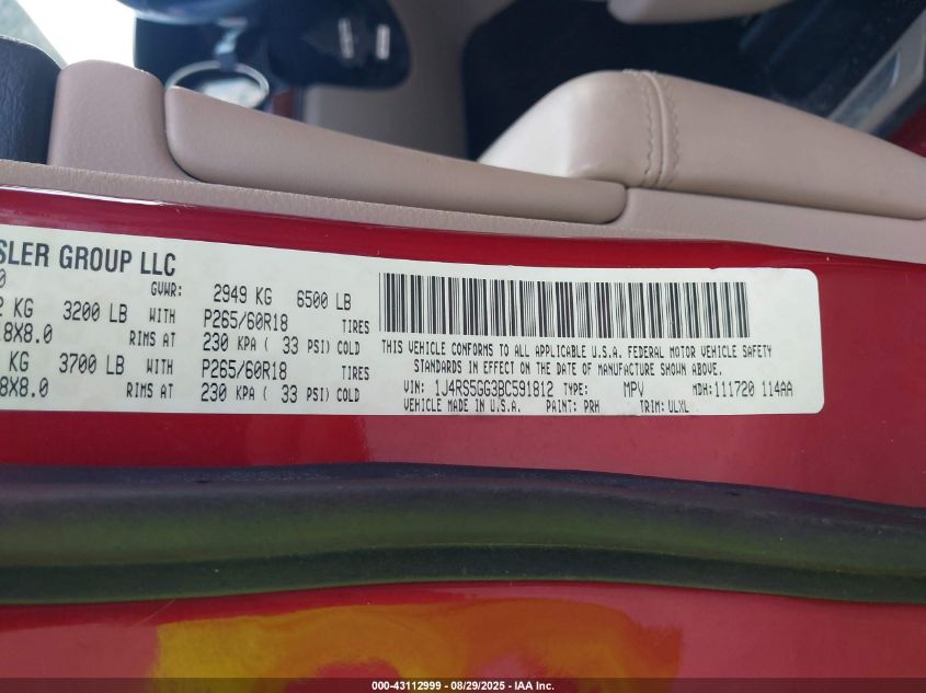 2011 Jeep Grand Cherokee Limited VIN: 1J4RS5GG3BC591812 Lot: 43112999