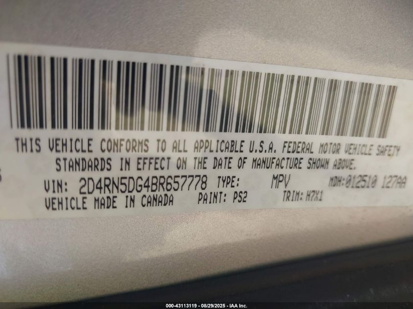 2011 Dodge Grand Caravan Crew VIN: 2D4RN5DG4BR657778 Lot: 43113119