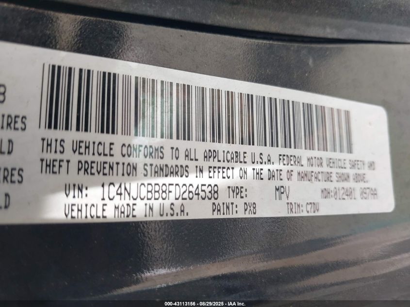 2015 Jeep Compass Sport VIN: 1C4NJCBB8FD264538 Lot: 43113156