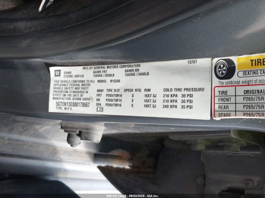 2008 Hummer H3 Suv VIN: 5GTEN13E888178667 Lot: 43113169