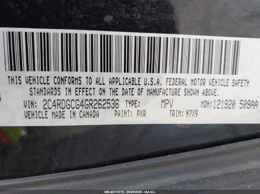 2016 Dodge Grand Caravan Sxt VIN: 2C4RDGCG4GR262536 Lot: 43113175