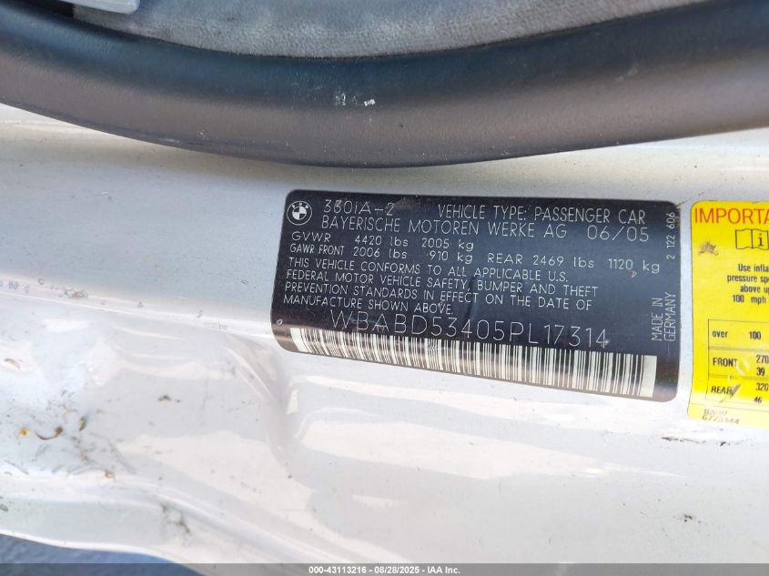 2005 BMW 330Ci VIN: WBABD53405PL17314 Lot: 43113216