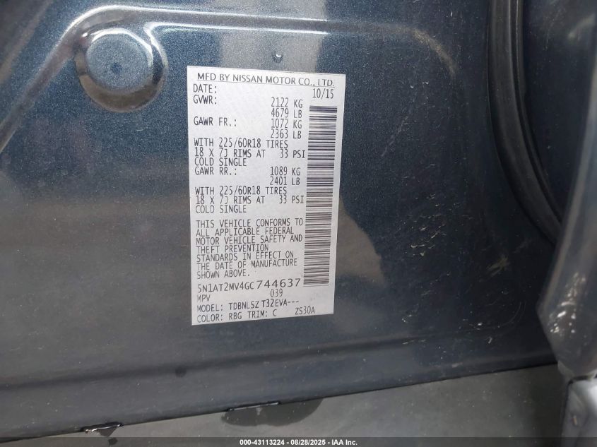2016 Nissan Rogue Sl VIN: 5N1AT2MV4GC744637 Lot: 43113224