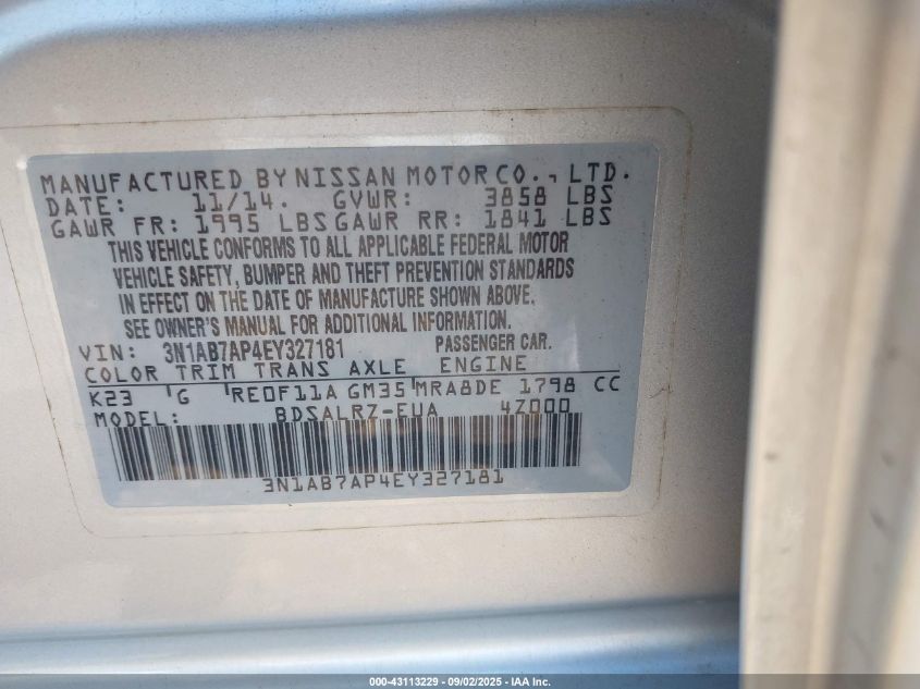 2014 Nissan Sentra Sr VIN: 3N1AB7AP4EY327181 Lot: 43113229